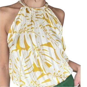 Joie Palm Leaf Print Smocked Waist Yellow and White Halter Top Blouse
